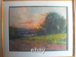 Tableau peinture ancienne Ernest FILLIARD paysage campagne soleil couchant