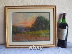 Tableau peinture ancienne Ernest FILLIARD paysage campagne soleil couchant