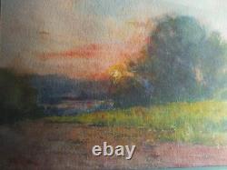 Tableau peinture ancienne Ernest FILLIARD paysage campagne soleil couchant