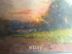 Tableau peinture ancienne Ernest FILLIARD paysage campagne soleil couchant
