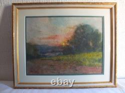 Tableau peinture ancienne Ernest FILLIARD paysage campagne soleil couchant