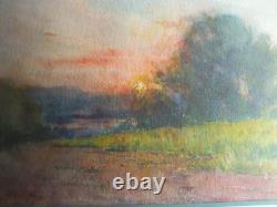 Tableau peinture ancienne Ernest FILLIARD paysage campagne soleil couchant