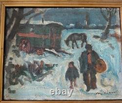 Tableau peinture ancienne huile signé, paysage neige roulotte gitans hst