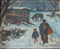 Tableau peinture ancienne huile signé, paysage neige roulotte gitans hst