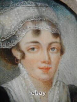 Tableau peinture ancienne miniature 19 siècle portrait buste jeune femme