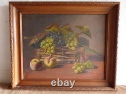Tableau peinture ancienne nature morte aux fruits péche raisin pampre de vigne