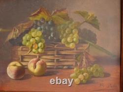 Tableau peinture ancienne nature morte aux fruits péche raisin pampre de vigne