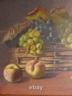 Tableau peinture ancienne nature morte aux fruits péche raisin pampre de vigne