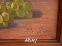 Tableau peinture ancienne nature morte aux fruits péche raisin pampre de vigne
