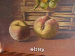 Tableau peinture ancienne nature morte aux fruits péche raisin pampre de vigne
