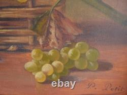 Tableau peinture ancienne nature morte aux fruits péche raisin pampre de vigne