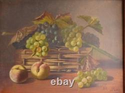 Tableau peinture ancienne nature morte aux fruits péche raisin pampre de vigne