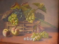 Tableau peinture ancienne nature morte aux fruits péche raisin pampre de vigne
