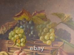 Tableau peinture ancienne nature morte aux fruits péche raisin pampre de vigne