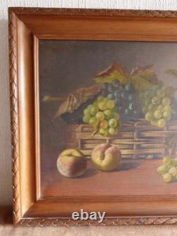 Tableau peinture ancienne nature morte aux fruits péche raisin pampre de vigne