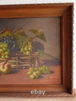 Tableau peinture ancienne nature morte aux fruits péche raisin pampre de vigne