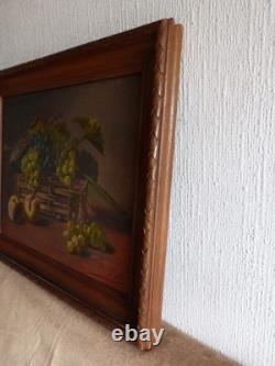 Tableau peinture ancienne nature morte aux fruits péche raisin pampre de vigne