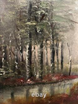 Tableau peinture ancienne paysage de sous bois XXe