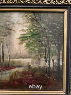 Tableau peinture ancienne paysage de sous bois XXe