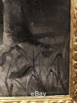 Tableau peinture cadre ancien 19è XIXè Pley Grisaille Paysage Réalisme Rare