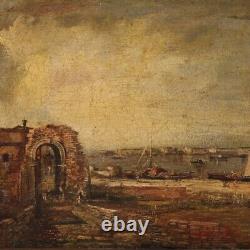 Tableau peinture huile sur toile paysage marine cadre style ancien 20ème siècle