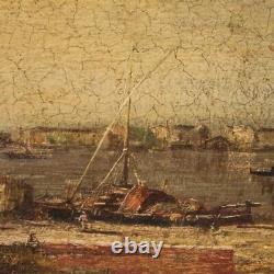 Tableau peinture huile sur toile paysage marine cadre style ancien 20ème siècle