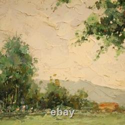 Tableau peinture paysage avec personnages huile sur toile signé style ancien