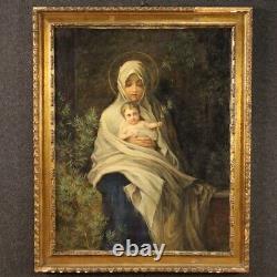 Tableau religieux Vierge avec enfant huile sur toile peinture style ancien