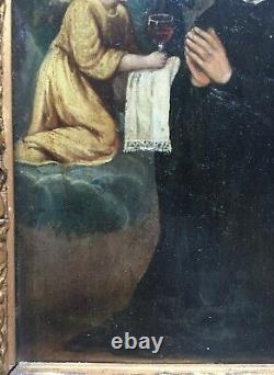 Tableau religieux ancien, Huile sur cuivre, Saint et anges, Encadré, XVIIIe