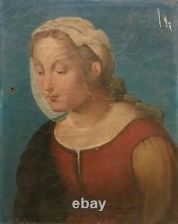 Tableau religieux ancien, Huile sur toile, Portrait de femme, Sainte XIXe