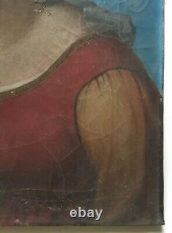 Tableau religieux ancien, Huile sur toile, Portrait de femme, Sainte XIXe