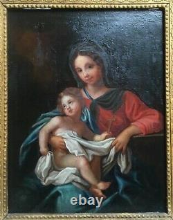 Tableau religieux ancien, Huile sur toile, Vierge à l'enfant, XIXe ou avant