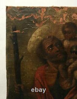 Tableau religieux ancien, Saint Christophe, Huile sur toile, XIXe ou avant