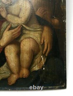 Tableau religieux ancien, Vierge à l'enfant, Huile sur panneau, XVIIIe