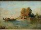 Tableau romantique ancien HST paysage lagune de Venise et gondole devant un parc