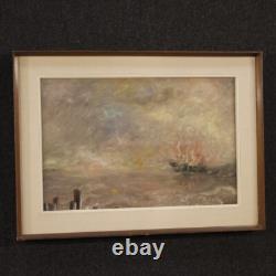 Tableau signé peinture marine paysage huile sur toile style ancien 900 cadre