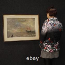 Tableau signé peinture marine paysage huile sur toile style ancien 900 cadre