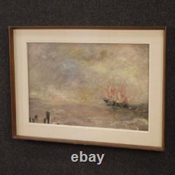 Tableau signé peinture marine paysage huile sur toile style ancien 900 cadre