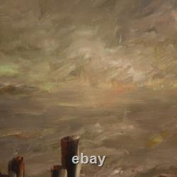 Tableau signé peinture marine paysage huile sur toile style ancien 900 cadre