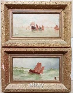 Tableaux Ancien Paire Huile Sur Panneau Bateaux Marine 19 Ème Siècle Signé
