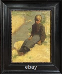 Tableaux Anciens, Jeune Paysanne Assise Au Bord De L'eau Circa 1900