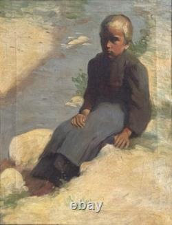 Tableaux Anciens, Jeune Paysanne Assise Au Bord De L'eau Circa 1900