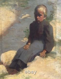 Tableaux Anciens, Jeune Paysanne Assise Au Bord De L'eau Circa 1900
