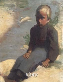 Tableaux Anciens, Jeune Paysanne Assise Au Bord De L'eau Circa 1900