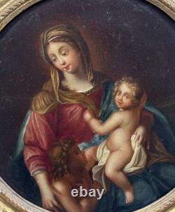 Tableaux Anciens, Vierge À L'Enfant Avec Saint Jean Baptiste 18ème