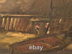 Tableaux ancien. Paysage Marin Voilérs Peinture huile sur panneau bois