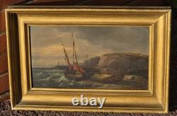 Tableaux ancien. Paysage Marin Voilérs Peinture huile sur panneau bois