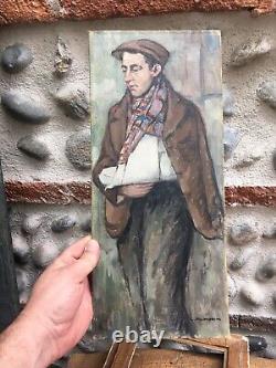 Très Belle Peinture Hst Toile Marouflé 1900 Homme Au Bras Cassé Tableau Ancien