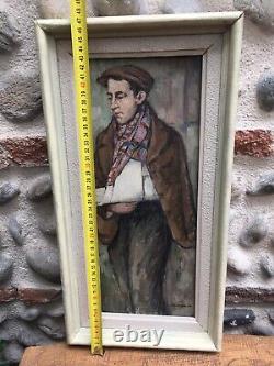 Très Belle Peinture Hst Toile Marouflé 1900 Homme Au Bras Cassé Tableau Ancien