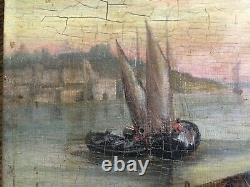 Très ancien tableau huile sur bois, thème pêche et bateaux